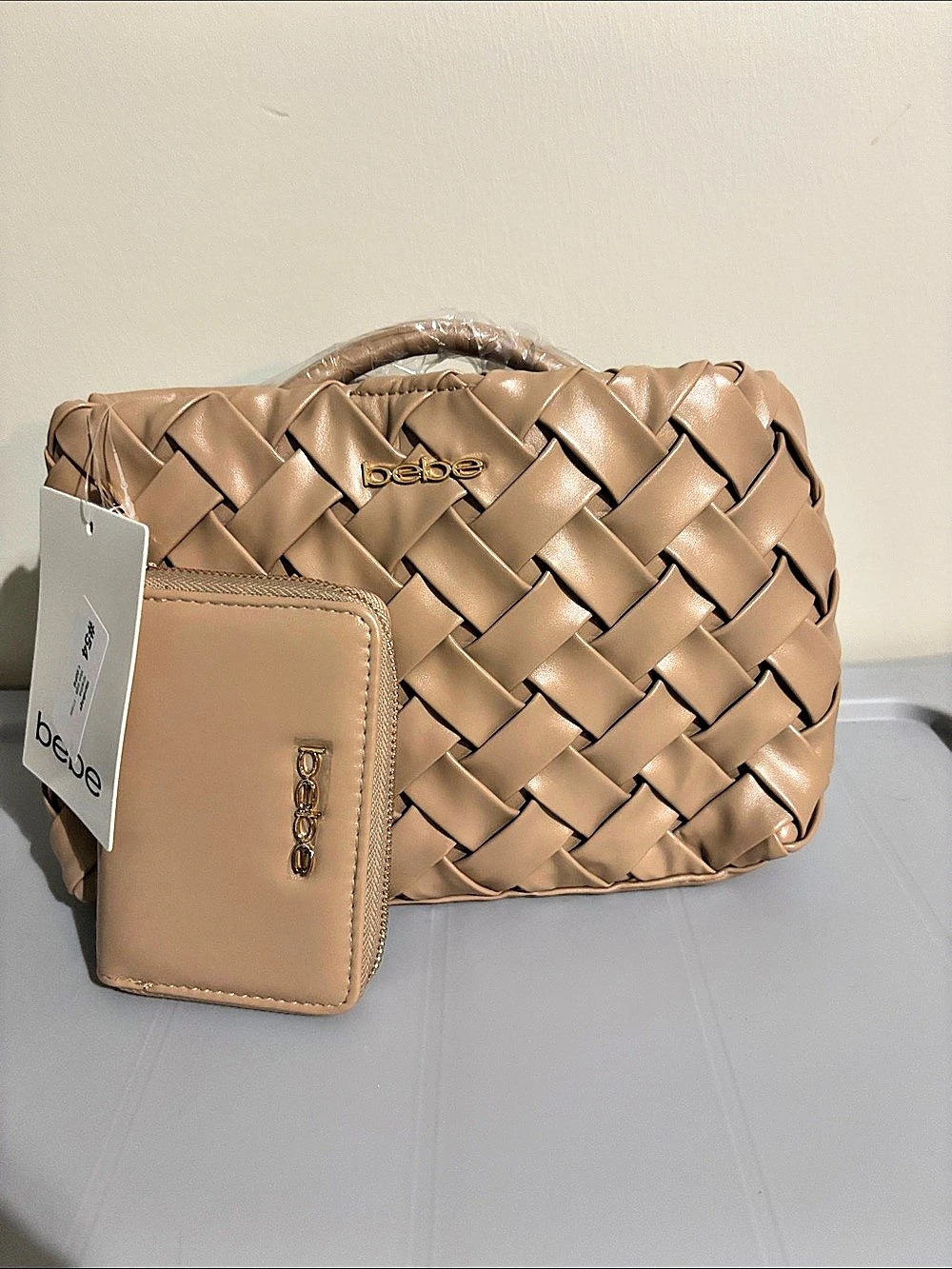 bebe Luca Satchel W/ Wallet Woven Shoulder Bag in Beige NWT